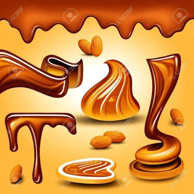 Amendoim manteiga espalhar pasta engraçado espiral figuras derretidas poças borda horizontal assado nozes realista conjunto ilustração vetorial