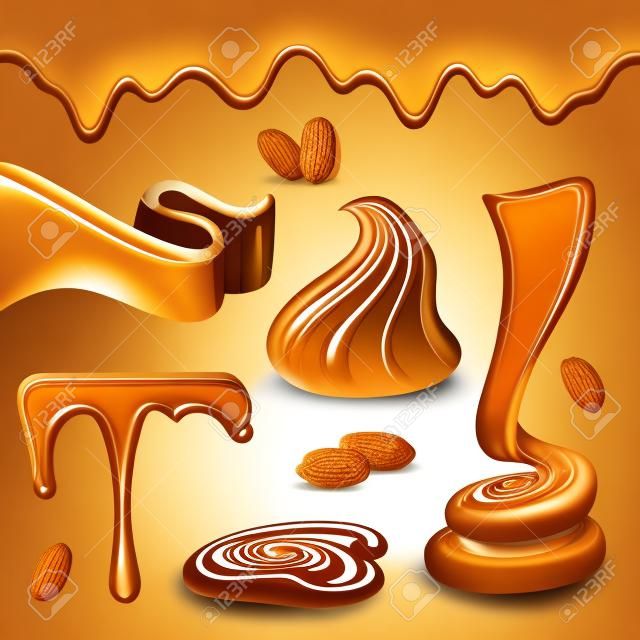 Beurre de cacahuète pâte à tartiner figures en spirale drôles flaques fondues bordure horizontale noix grillées ensemble réaliste illustration vectorielle