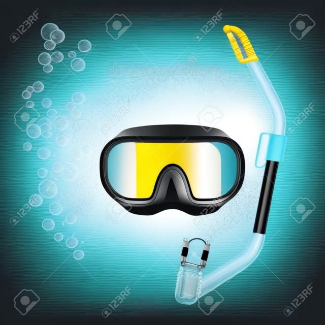 Snorkeling set with diving mash and breathing tube on dark transparent background with bubbles realistic vector illustration