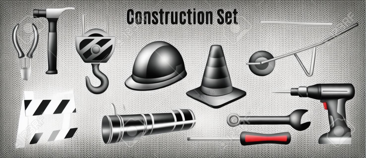 Construction realistic set of handle instrument and devices for safety outdoor work on transparent background isolated vector illustration