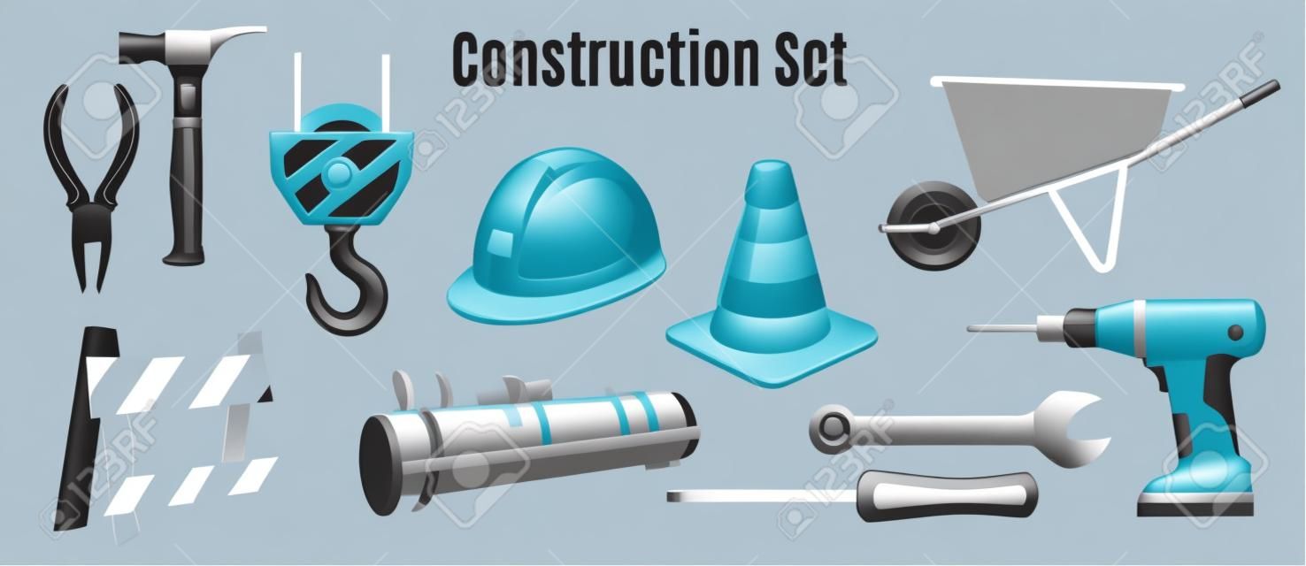 Construction realistic set of handle instrument and devices for safety outdoor work on transparent background isolated vector illustration