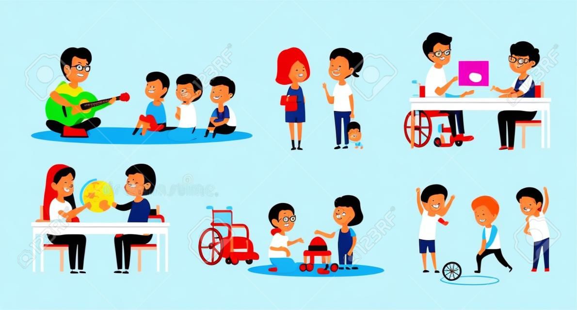 Conjunto de ícones de educação inclusiva de inclusão colorida e cartoon com crianças com deficiência aprendem e brincam ilustração vetorial