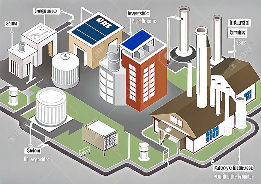 Industrial buildings isometric infographic set with factory and warehouse vector illustration