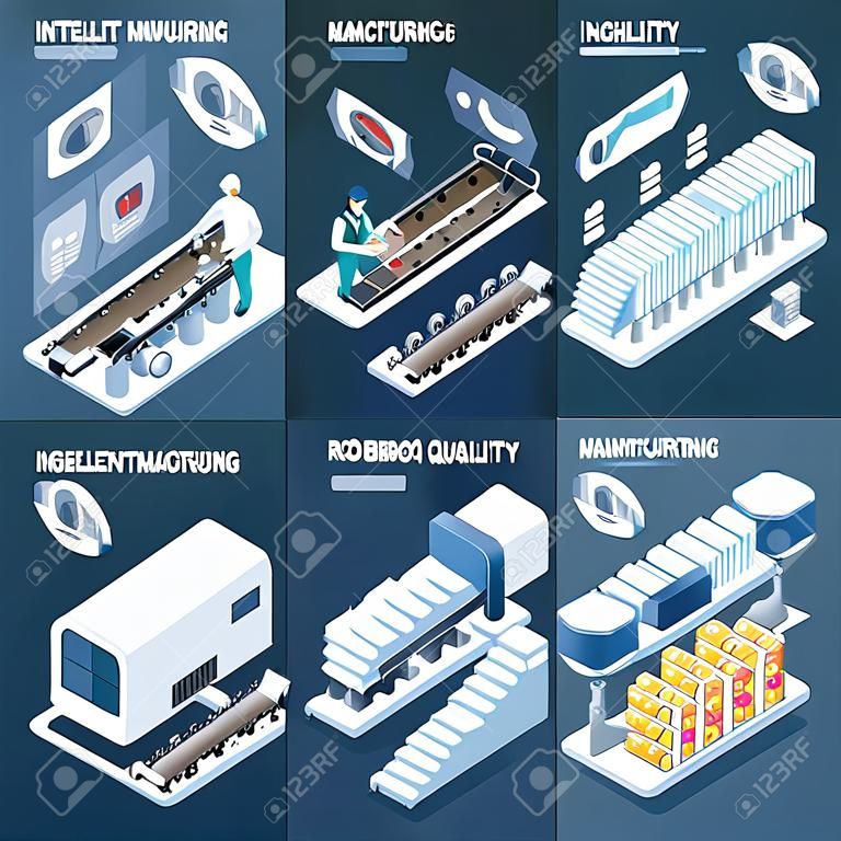 Intelligent manufacturing isometric design concept with robotized conveyor automated warehouse identifying problems quality control isolated vector illustration