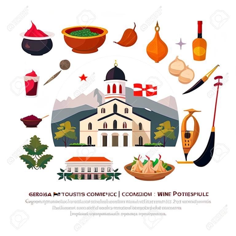 Georgia for tourists flat round composition poster with mountains landmarks musical instruments wine spices dishes vector illustration
