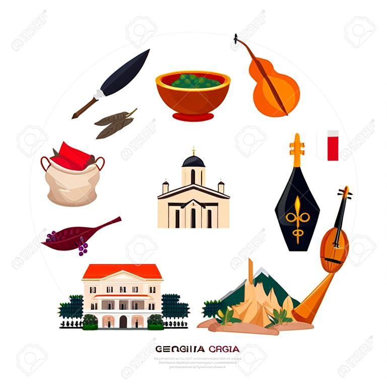 Georgia para turistas cartel de composición redonda plana con montañas hitos instrumentos musicales vino especias platos ilustración vectorial