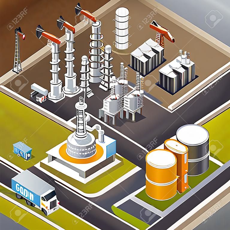 Oil industry and transportation composition with big refinery and pumpjacks 3d isometric vector illustration
