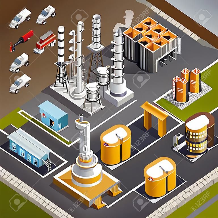 Ölindustrie und Transportzusammensetzung mit großer Raffinerie und Pumpjacks 3d isometrische Vektorillustration