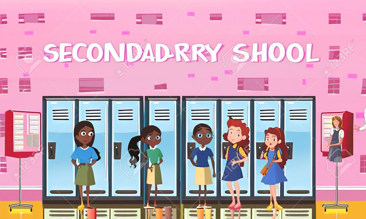 Teacher and secondary school students during conversation on background of pink wall with lockers cartoon vector illustration
