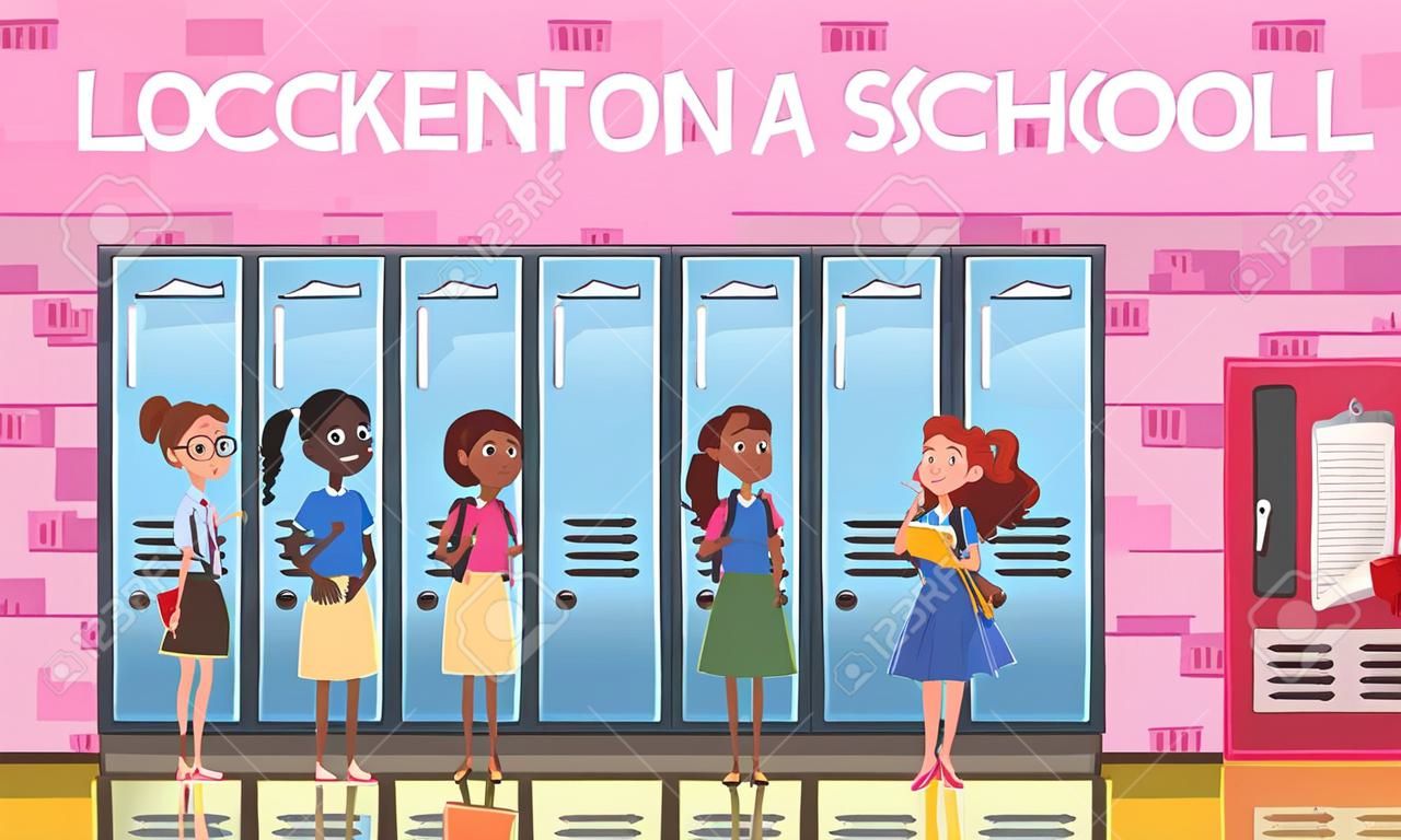 Teacher and secondary school students during conversation on background of pink wall with lockers cartoon vector illustration