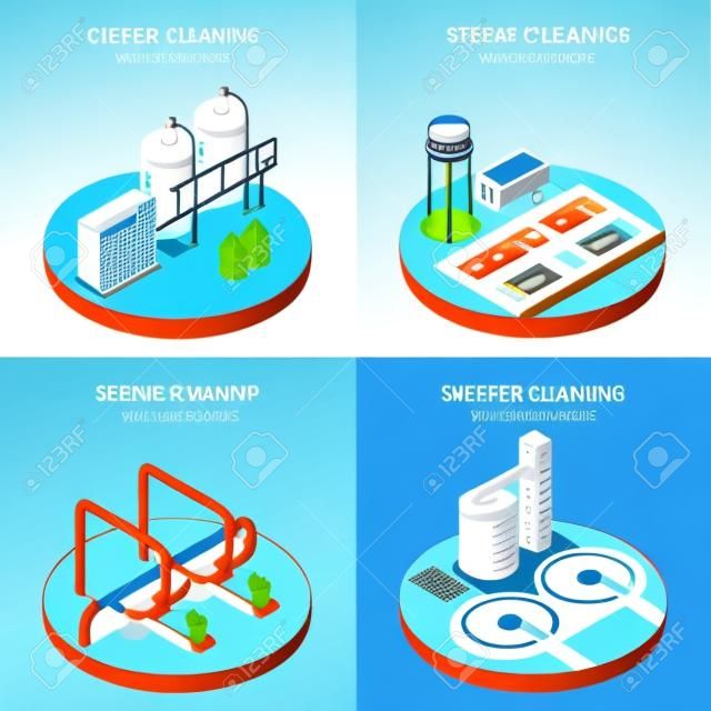 Water cleaning concept icons set with water treatment symbols isometric isolated vector illustration