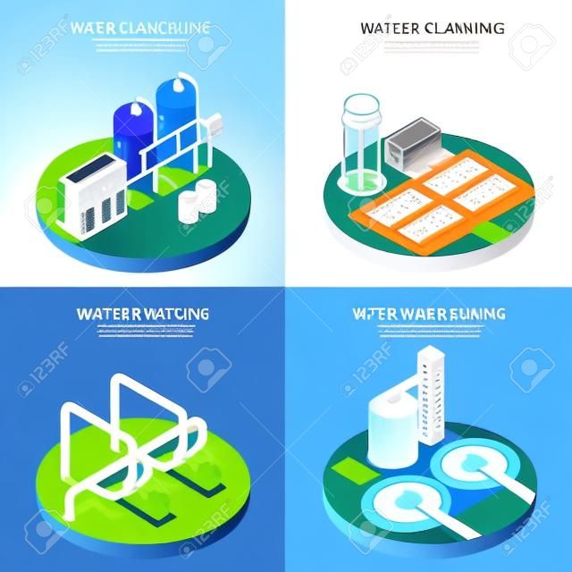 Water cleaning concept icons set with water treatment symbols isometric isolated vector illustration