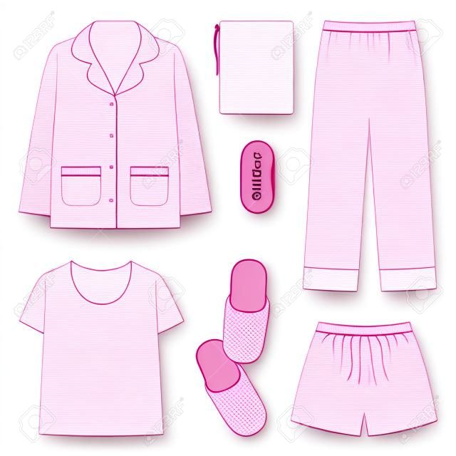 El icono de la hora de dormir de las zapatillas de casa de la ropa de dormir realista rosa y aislado fijó con los pantalones de las zapatillas de la camisa ilustración del vector