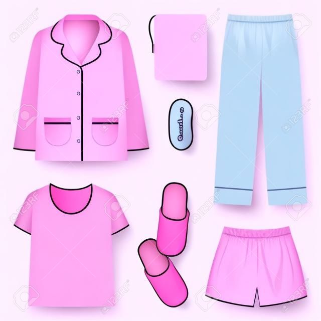 ピンクと孤立した現実的なスリープウェアハウススリッパシャツスリッパパンツベクトルイラスト付きのスリープタイムアイコンセット