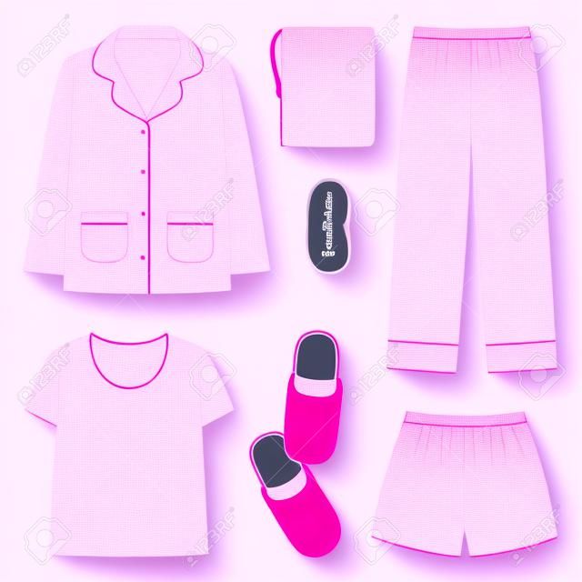 ピンクと孤立した現実的なスリープウェアハウススリッパシャツスリッパパンツベクトルイラスト付きのスリープタイムアイコンセット