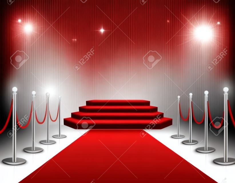 Red carpet celebrities event realistic composition with white stairs podium spotlights carmine satin curtain background vector illustration