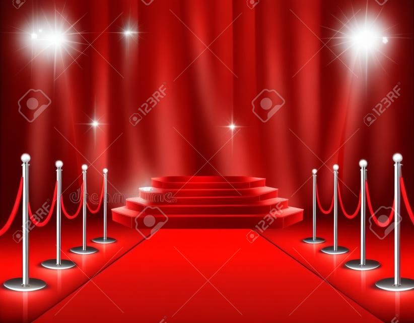 Red carpet celebrities event realistic composition with white stairs podium spotlights carmine satin curtain background vector illustration