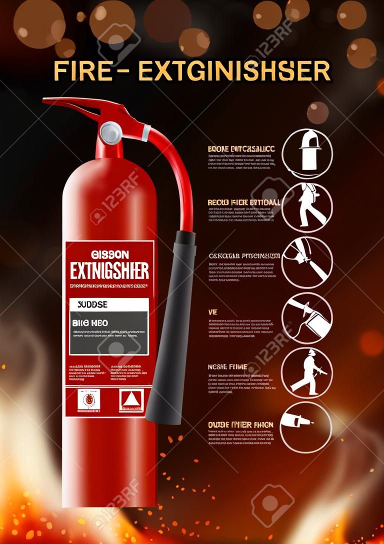 Poster vertical do extintor de incêndio com imagem grande da chama do bombeiro e do texto editável com ilustração vetorial dos pictogramas