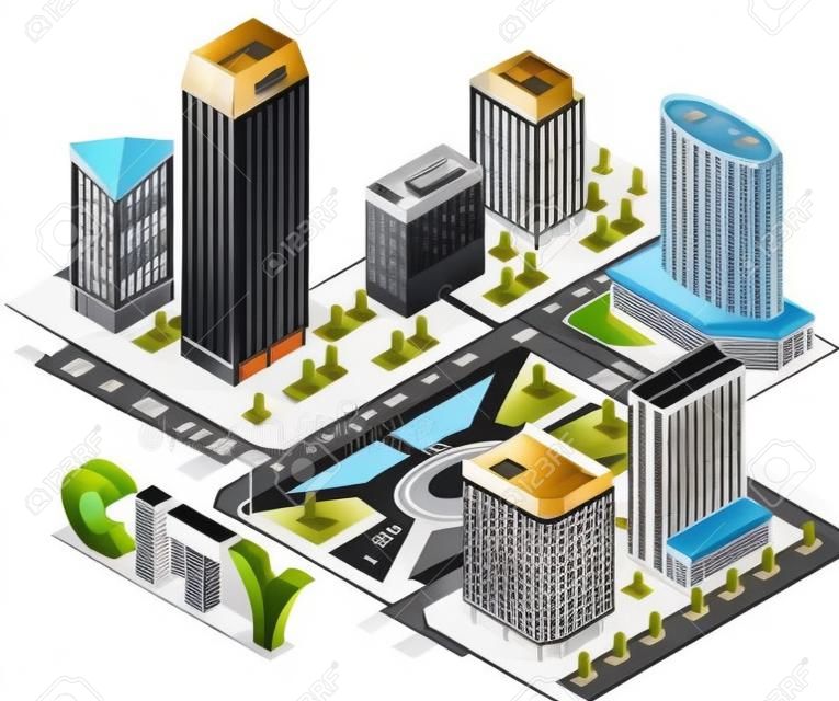 City skyscrapers isometric composition with view of city block with modern tall buildings streets and text vector illustration