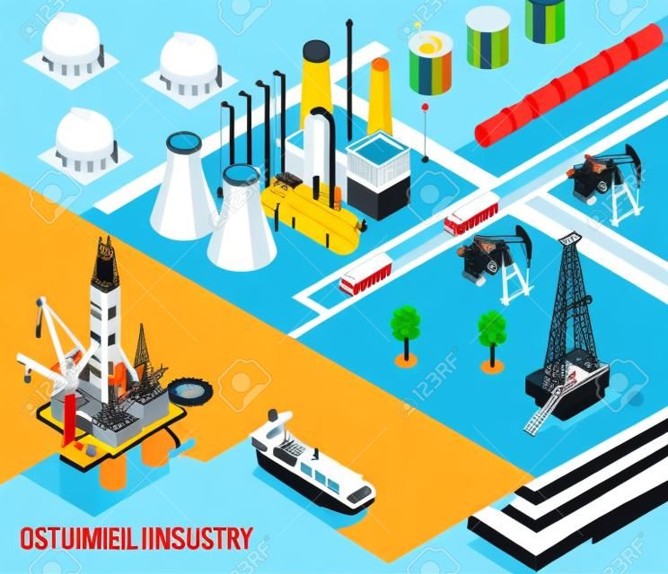 Isometric oil industry composition with petroleum industry headline and landscape of the city vector illustration
