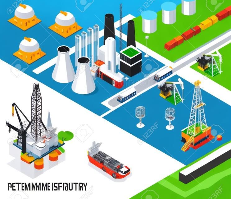 Composição isométrica da indústria de petróleo com título da indústria de petróleo e paisagem da ilustração vetorial da cidade