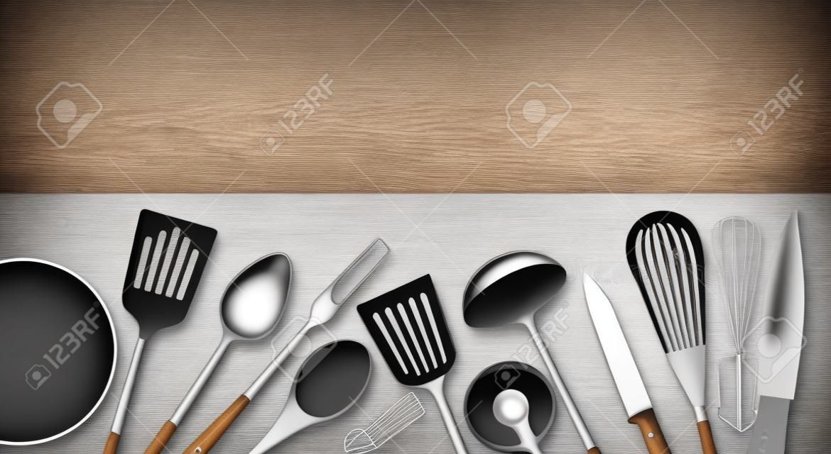Cooking tools background composition with realistic images of kitchenware items made of steel plastic and wood vector illustration