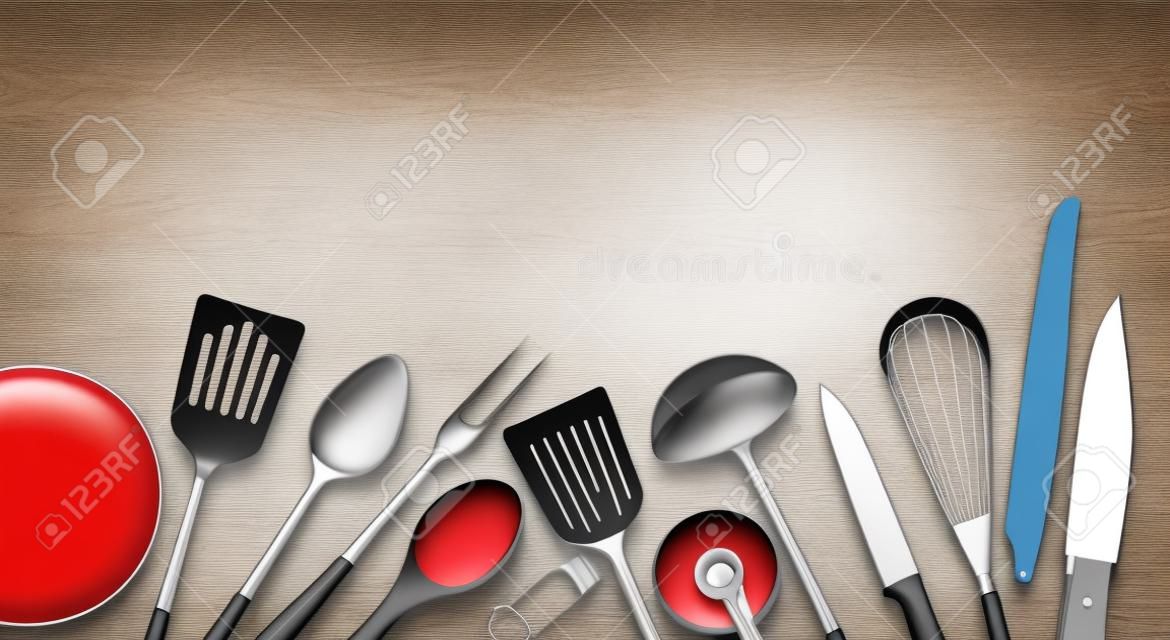 Cooking tools background composition with realistic images of kitchenware items made of steel plastic and wood vector illustration