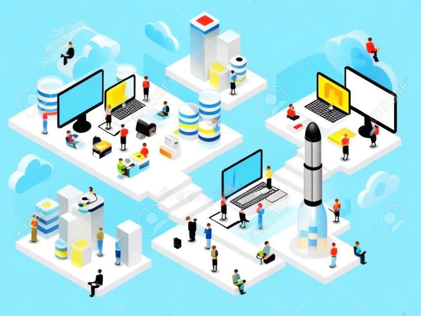 Cloud services isometric composition with conceptual images of network elements storage capsules and small human characters vector illustration