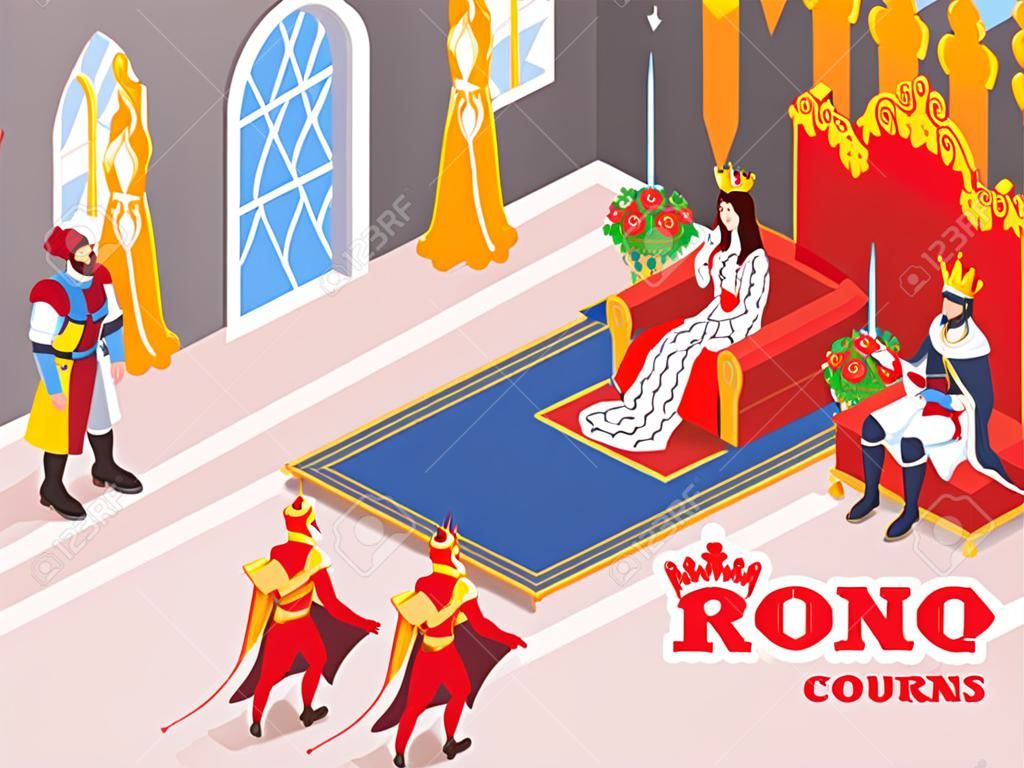 아이소메트릭 성 로열 킹 퀸 내부 실내 구성과 궁정의 캐릭터와 왕관 베어링 인물 벡터 삽화