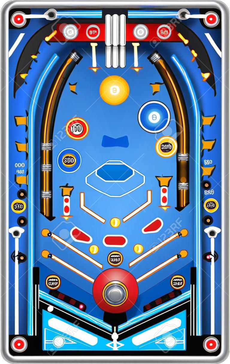 Pinball game machine realistic top view with shoot again blinking lights play field ramps spinners vector illustration 