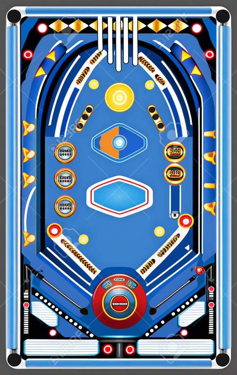 Pinball game machine realistic top view with shoot again blinking lights play field ramps spinners vector illustration 