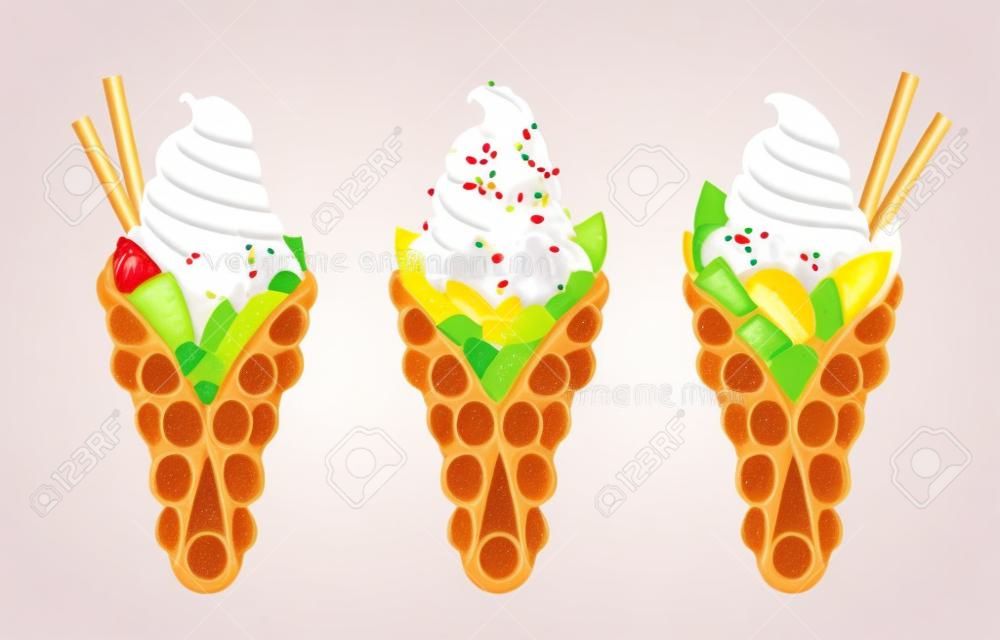 Bubble hong kong waffles with fruits realistic set of isolated ice-cream images with different toppings vector illustration