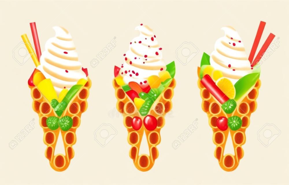 Bubble hong kong waffles com frutas realista conjunto de imagens isoladas de sorvete com diferentes coberturas ilustração vetorial