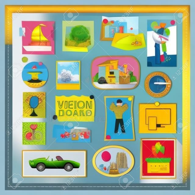 Composición del tablero de visión de los sueños con un conjunto de fotos e imágenes de estilo de dibujos animados fijadas dentro de la ilustración de vector de marco cuadrado