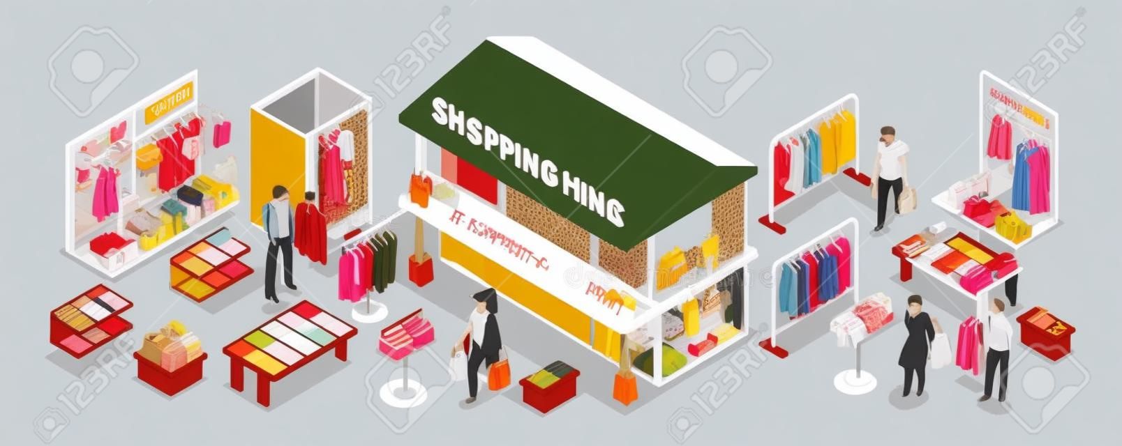 Clothing department store isometric  horizontal composition with shopping mall building fitting room display stands customers vector illustration