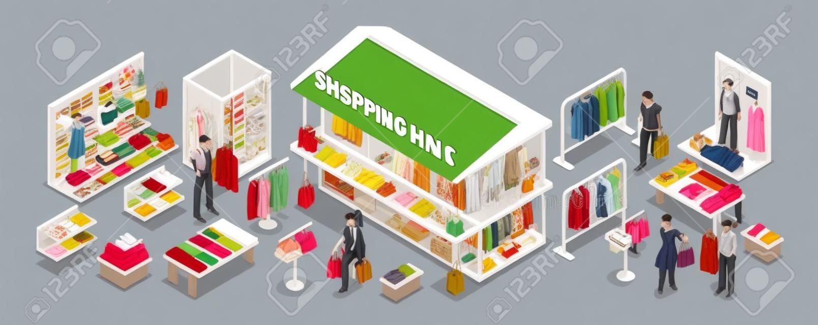Clothing department store isometric  horizontal composition with shopping mall building fitting room display stands customers vector illustration