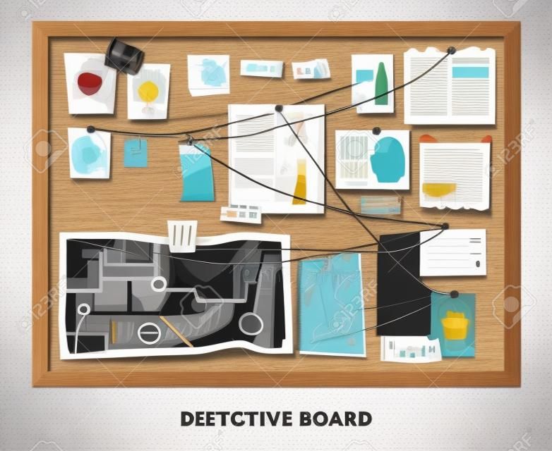Skład tablicy detektywistycznej z tekstem i prostokątną drewnianą ramą wiszącą na ścianie z przypiętymi ilustracją wektorową materiałów dochodzeniowych