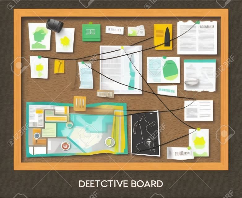 Composition du tableau de détective avec texte et cadre en bois rectangulaire accroché au mur avec illustration vectorielle de matériel d'enquête épinglé