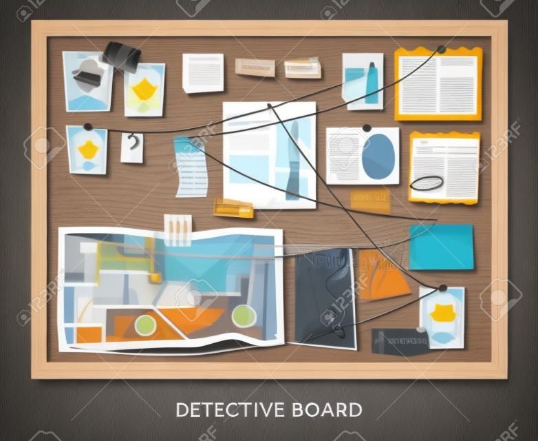 Skład tablicy detektywistycznej z tekstem i prostokątną drewnianą ramą wiszącą na ścianie z przypiętymi ilustracją wektorową materiałów dochodzeniowych