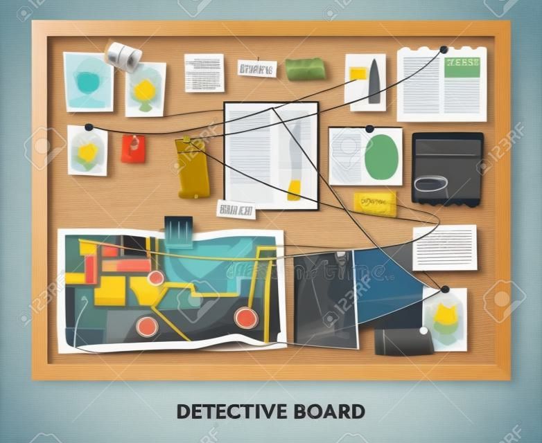 Detective board composition with text and rectangular wooden frame hanging on wall with pinned investigation materials vector illustration