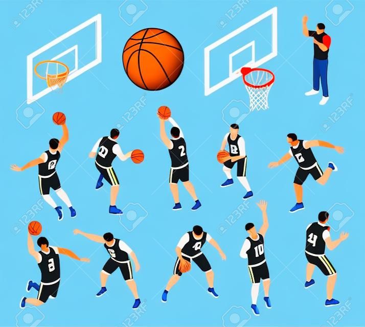 Icônes isométriques avec panier de basket-ball et arbitre 3d illustration vectorielle isolée