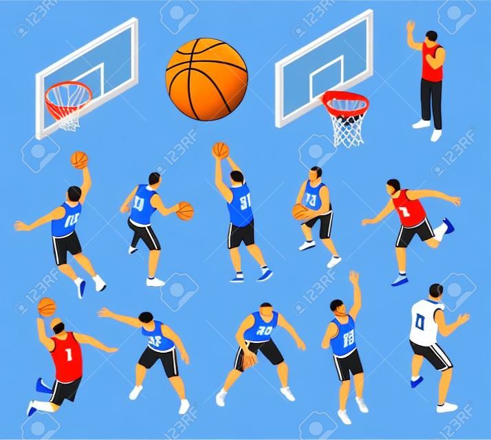 Isometrische pictogrammen ingesteld met basketbalspelers ball basket en scheidsrechter 3d geïsoleerde vector illustratie