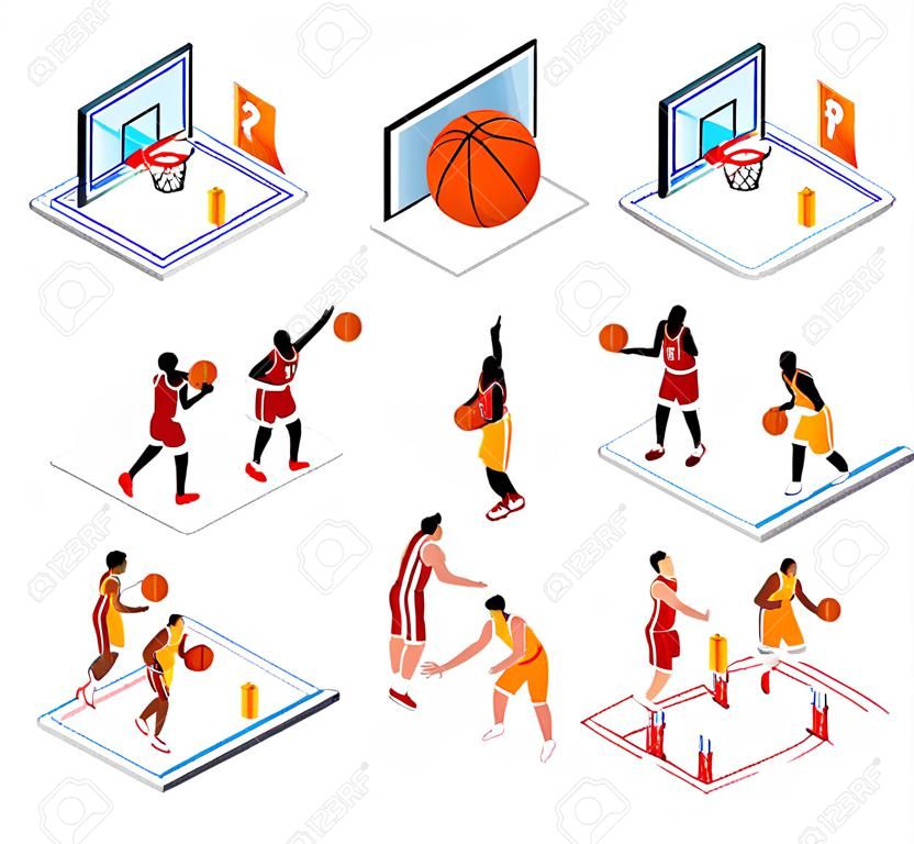 Isometrische pictogrammen ingesteld met basketbalspelers ball basket en scheidsrechter 3d geïsoleerde vector illustratie