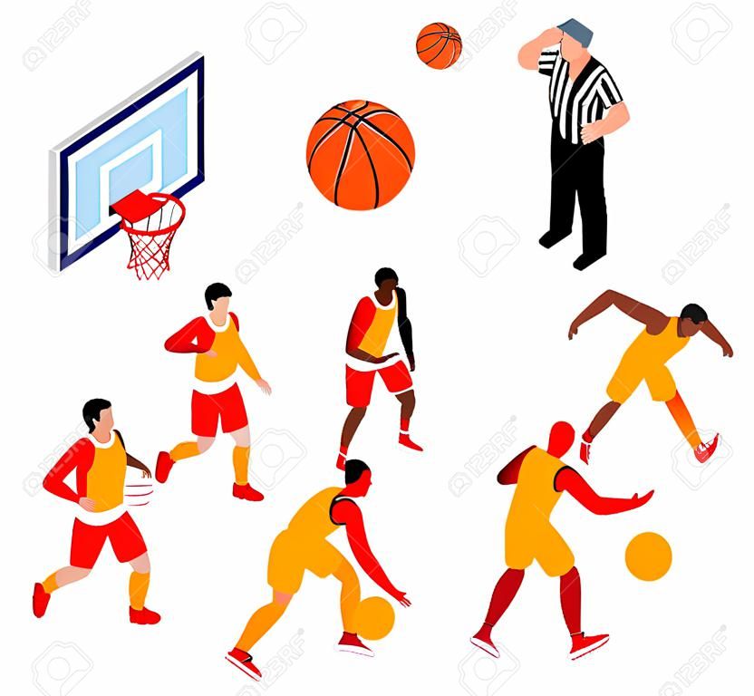 Conjunto de ícones isométricos com basquetebol jogadores bola cesta e árbitro 3d isolado ilustração vetorial