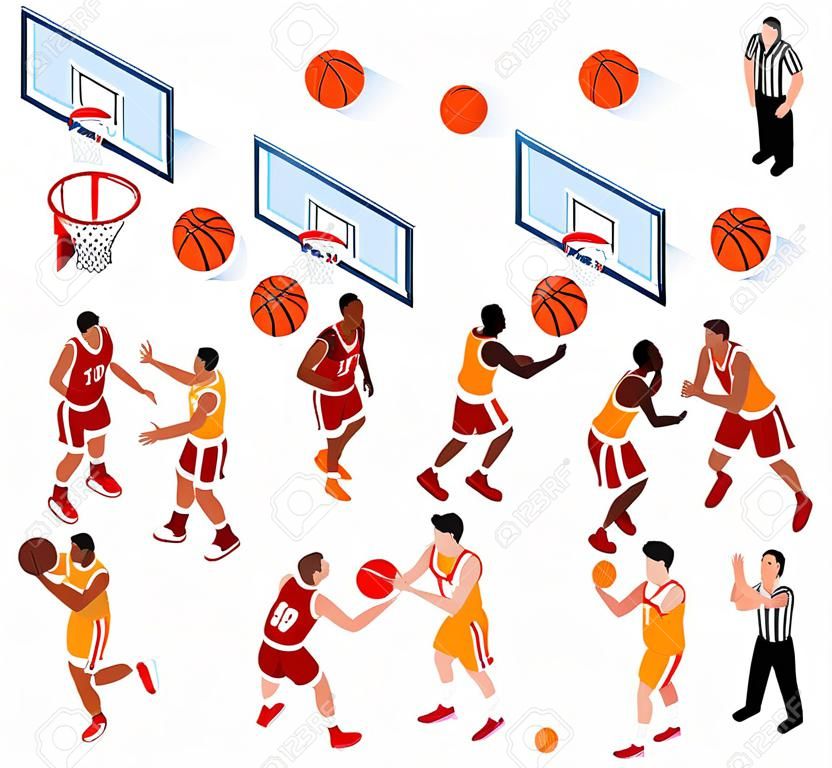 Conjunto de ícones isométricos com basquetebol jogadores bola cesta e árbitro 3d isolado ilustração vetorial