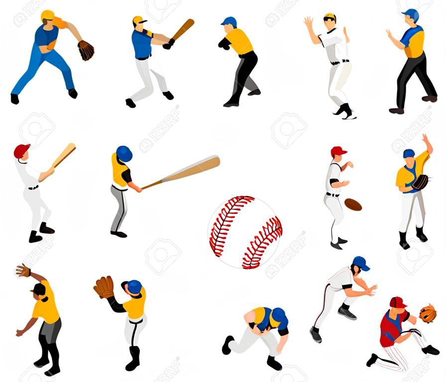 Isometric sport baseball set with isolated human characters of players of different positions with ball images vector illustration