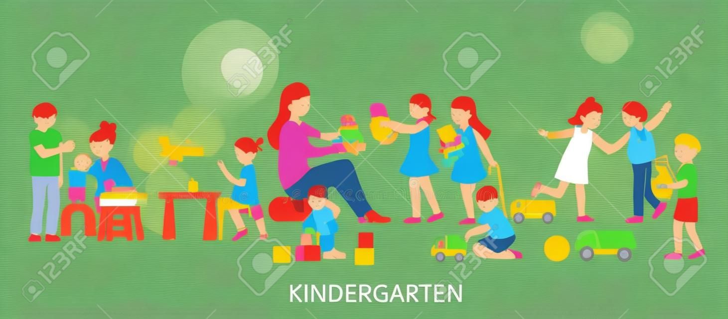 Composición de jardín de infantes con paisaje de silueta plana de la escuela de párvulos con maestros y niños jugando con juguetes ilustración vectorial
