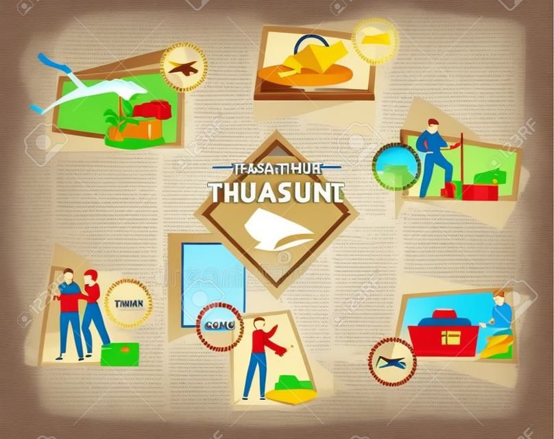 Treasure hunt infographic set with artwork symbols flat vector illustration