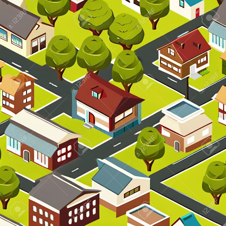 Paesaggio isometrico delle case suburbane