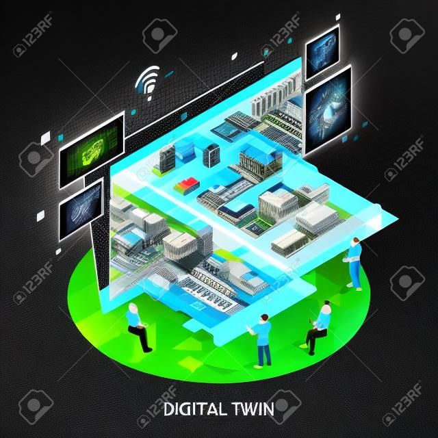 Isometrisches Bild der digitalen Zwillingstechnologie